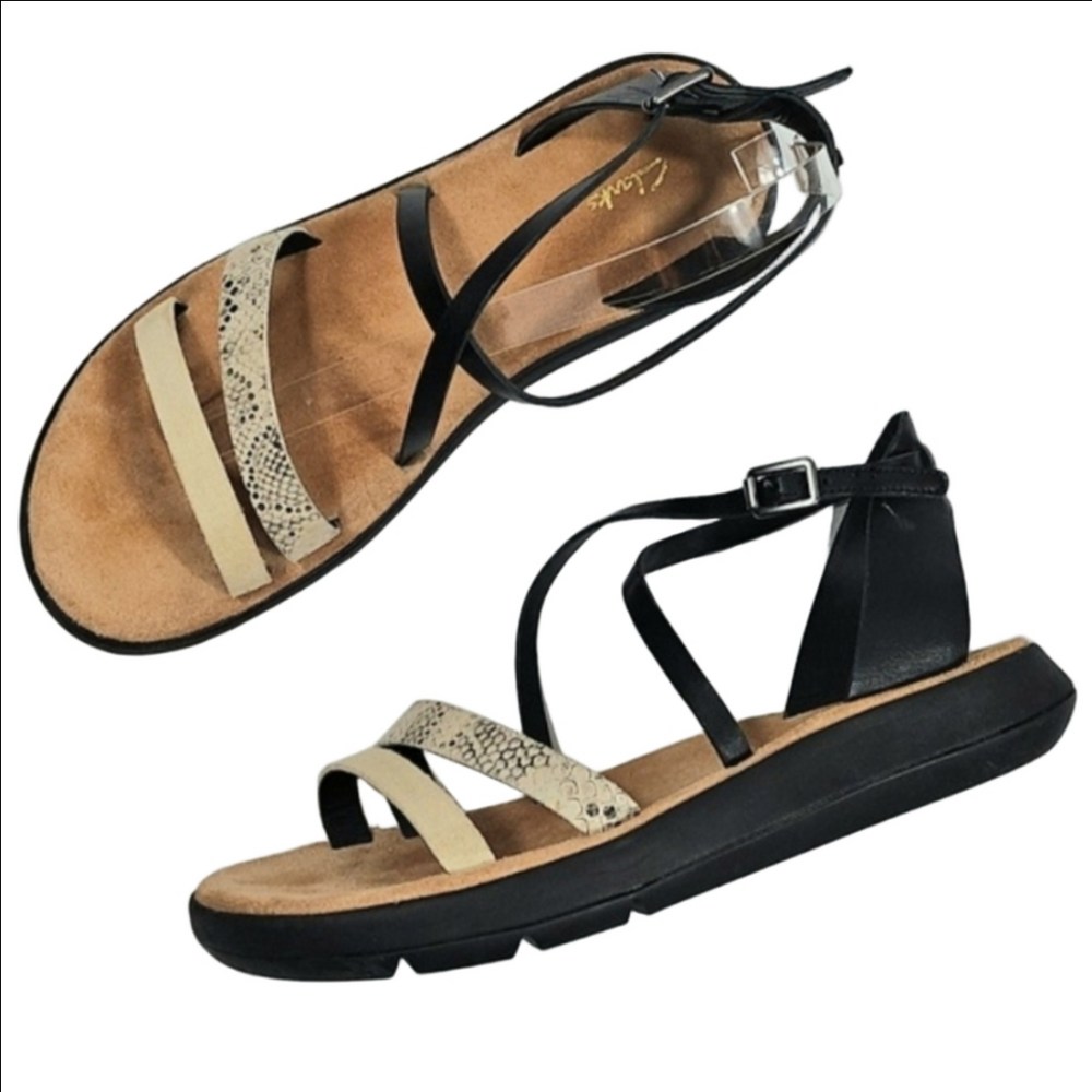 Clarks Jemsa Leather Suede Black Cream Snake Strappy Buckle Comfort Sandal